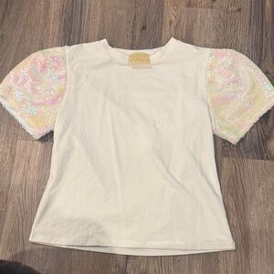 Judith March Cream Tee with Iridescent Sequin Puff Sleeves